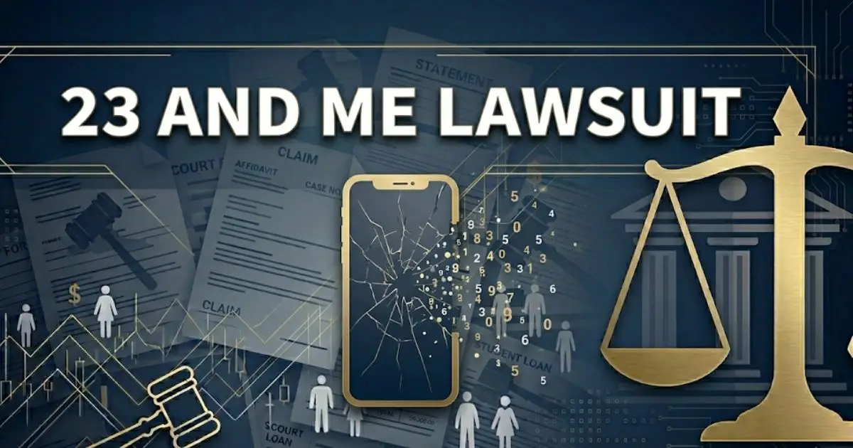 23 and me lawsuit blog banner with DNA helix and legal imagery on dark blue background