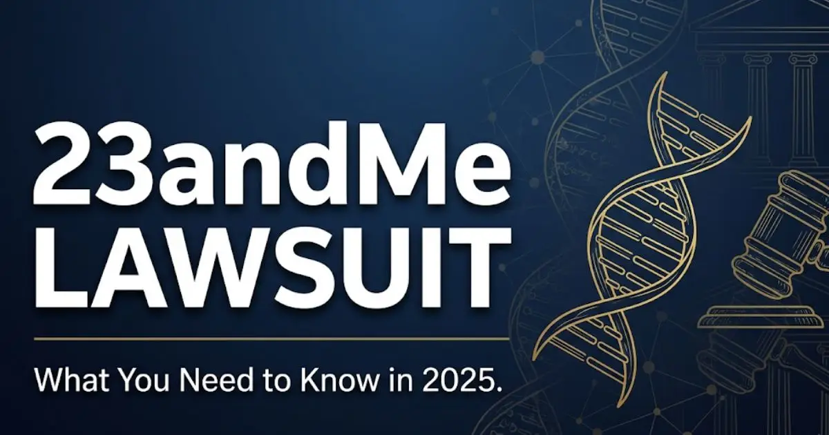23andMe lawsuit blog banner with DNA helix and courthouse silhouette, showing headline text on navy background