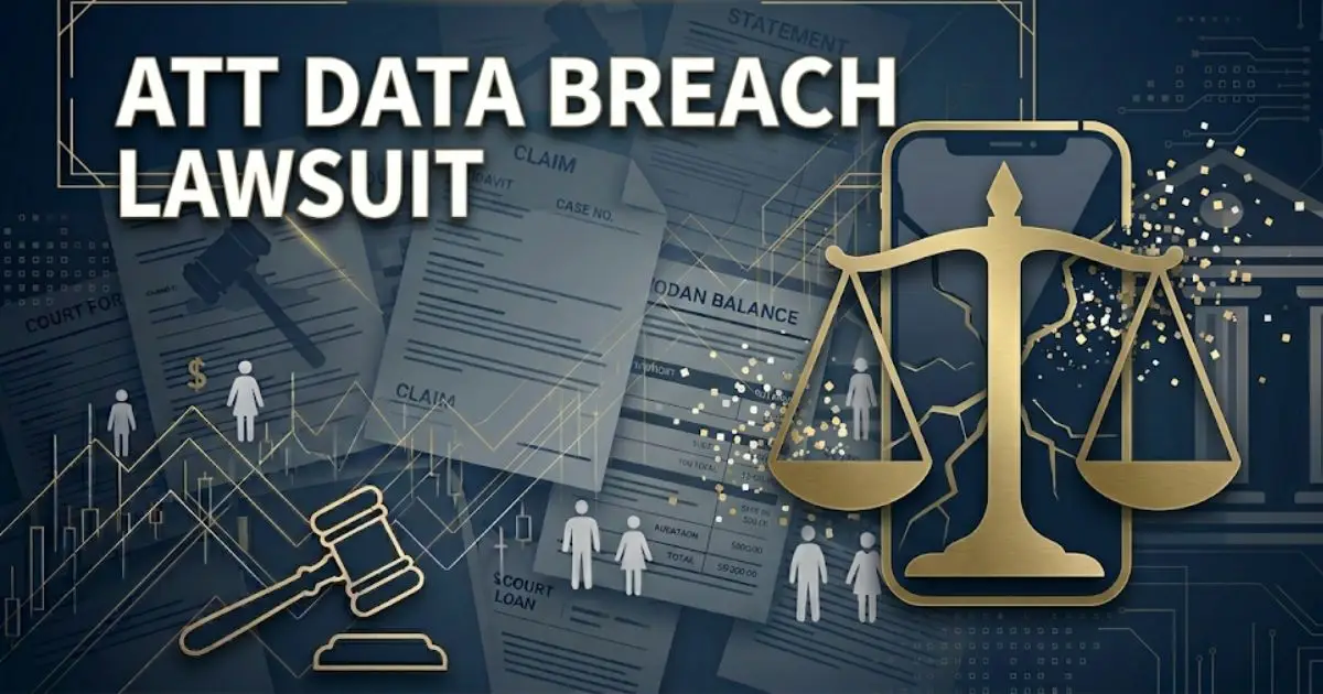 ATT Data Breach Lawsuit banner with smartphone and courthouse legal imagery