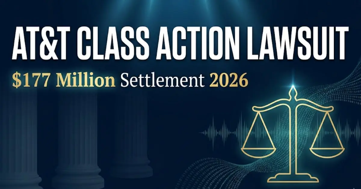 AT&amp;T class action lawsuit settlement guide 2026 banner with legal scale icons and $177 million headline text