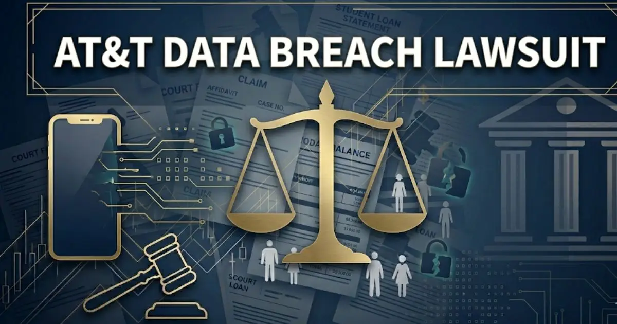 AT&T data breach lawsuit blog banner with legal theme and broken lock imagery