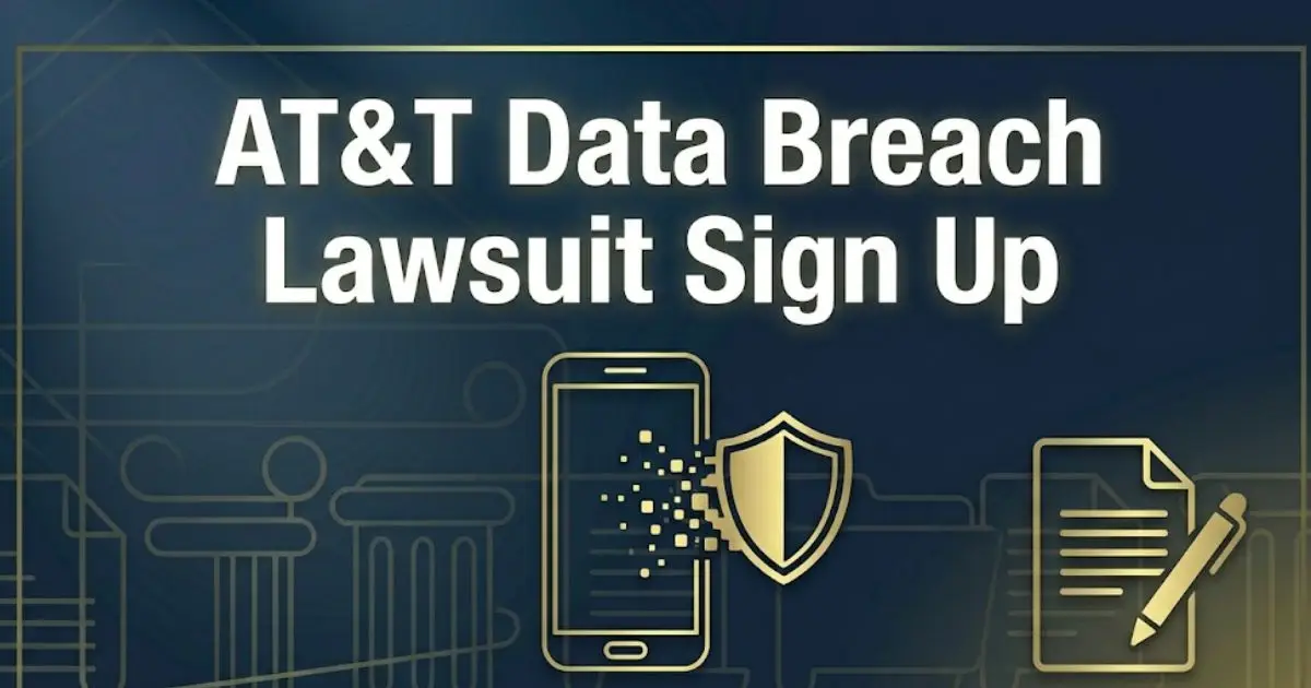 AT&amp;T data breach lawsuit sign up guide banner with legal icons and smartphone graphic