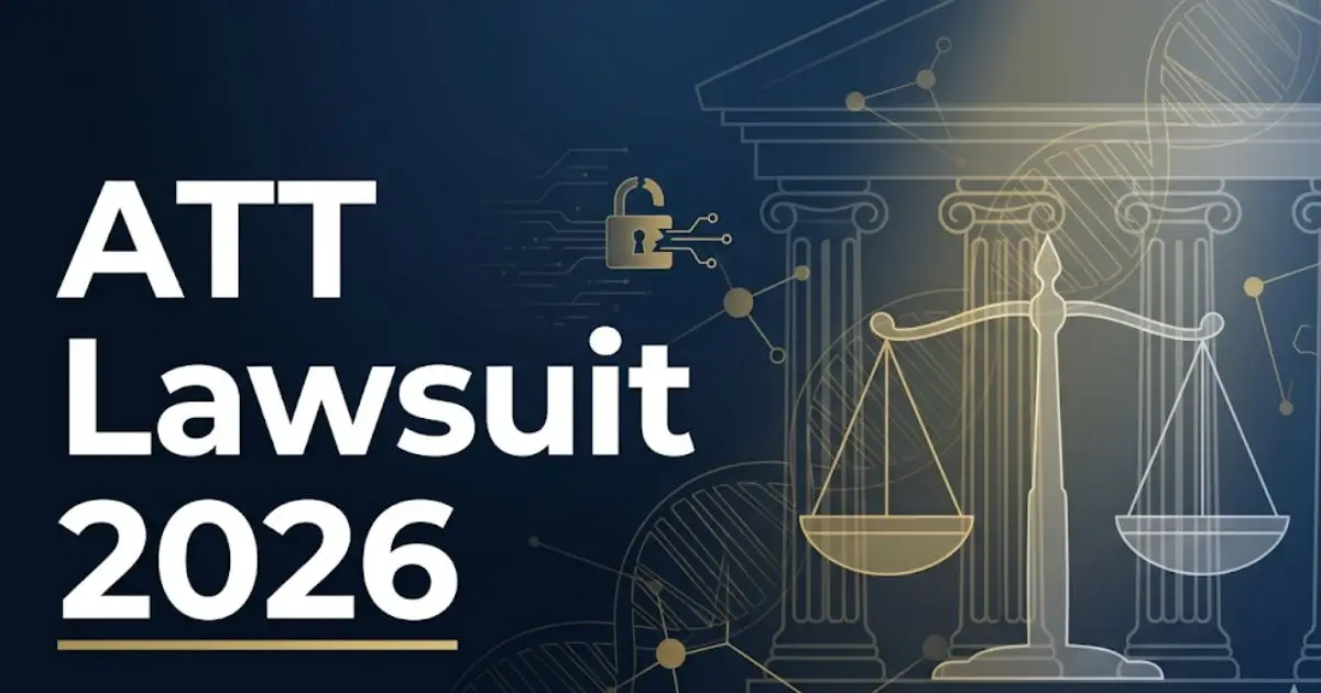 AT&T lawsuit 2026 banner showing courthouse silhouette and legal scales with bold headline text on navy background