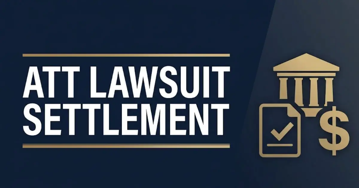 AT&amp;T lawsuit settlement 2025 legal banner showing courthouse icons, claim documents, and settlement payout information