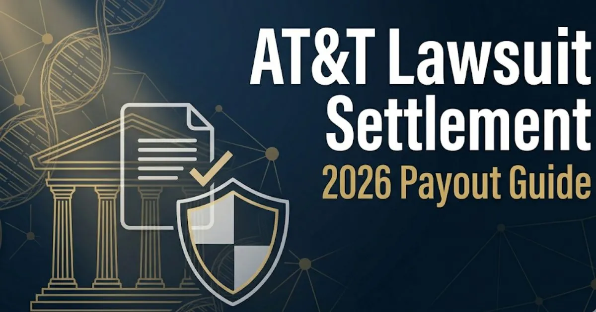 AT&amp;T lawsuit settlement 2026 guide banner showing courthouse icons and payout headline on navy background