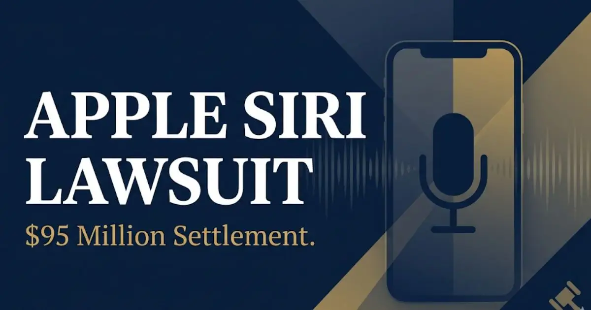 Apple Siri lawsuit blog banner showing $95 million settlement headline with microphone and legal gavel icons on navy background