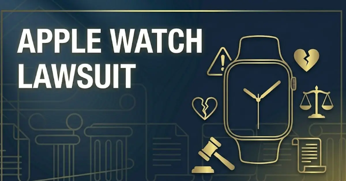 Apple Watch lawsuit banner with legal icons and smartwatch silhouette in navy and gold design INPUT MAIN KEYWORD {{apple watch lawsuit}} CLUSTER KEYWORDS {{apple watch class action lawsuit