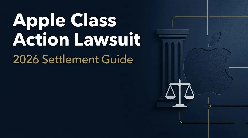 Apple class action lawsuit 2026 settlement guide banner with courthouse scale and legal icons on navy background.