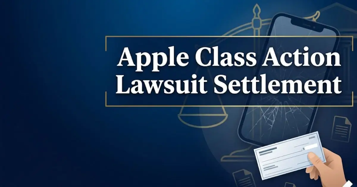 Apple class action lawsuit settlement guide 2026 showing scales of justice and iPhone silhouette on navy background