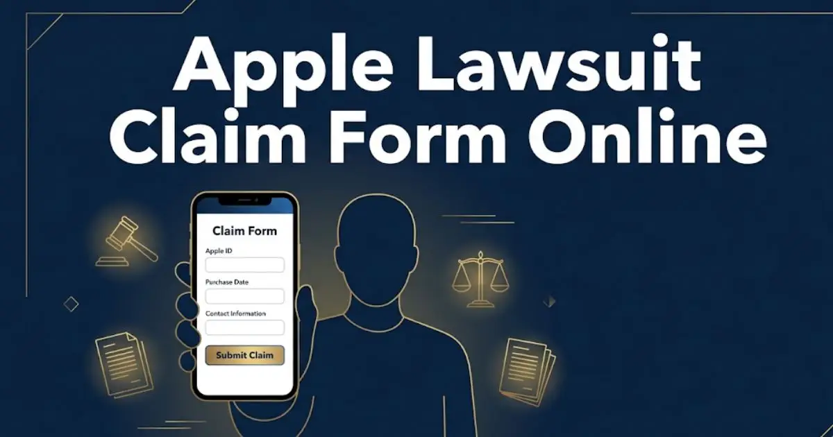 Apple lawsuit claim form online guide showing smartphone with digital settlement claim filing process