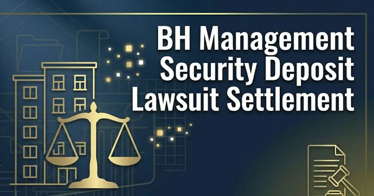 BH Management security deposit lawsuit settlement 2026 legal guide banner with scales of justice