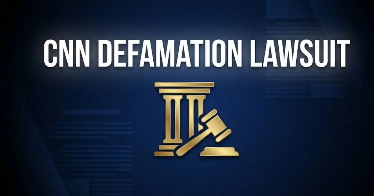 CNN defamation lawsuit headline banner with courthouse silhouette and gavel icon in navy and gold