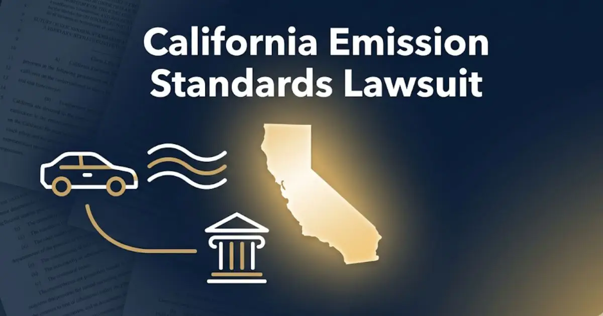 California emission standards lawsuit 2025 legal battle hero banner with state outline and courthouse icons on navy background