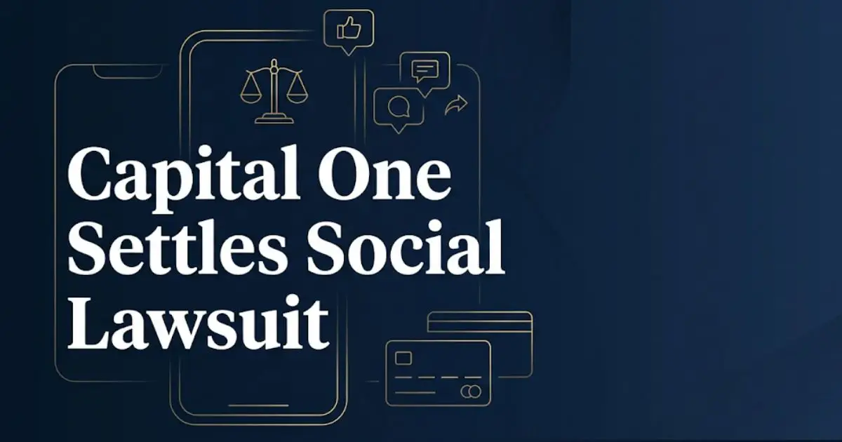 Capital One settles social media lawsuit headline banner with legal and social media icons