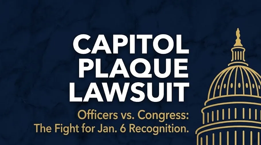Capitol plaque lawsuit hero banner with Capitol dome silhouette and bold headline text on deep navy background.