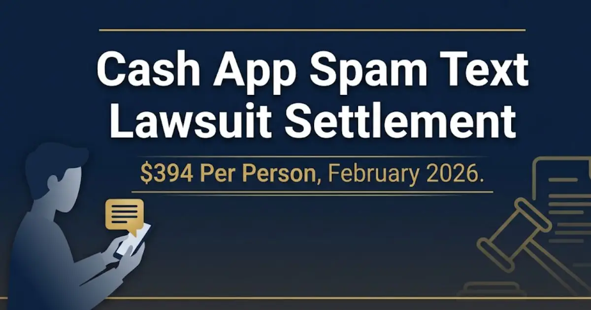 Cash App spam text lawsuit settlement banner showing $394 per person payout in 2026, Washington state class action.