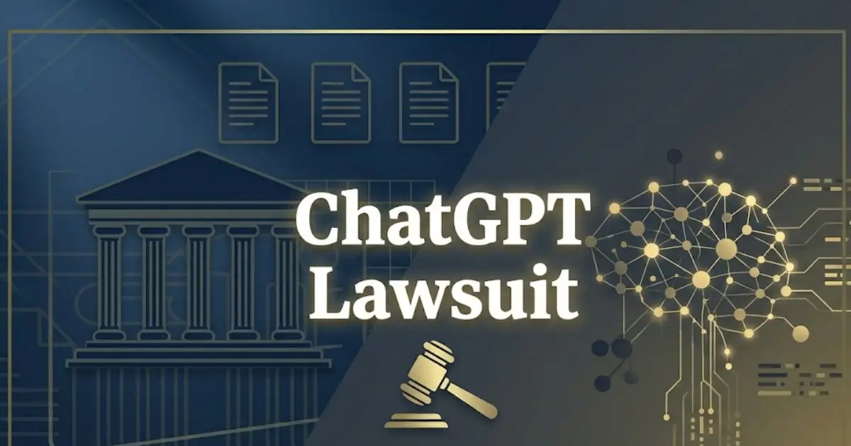 ChatGPT Lawsuit 2026 legal blog banner with courthouse and AI network imagery