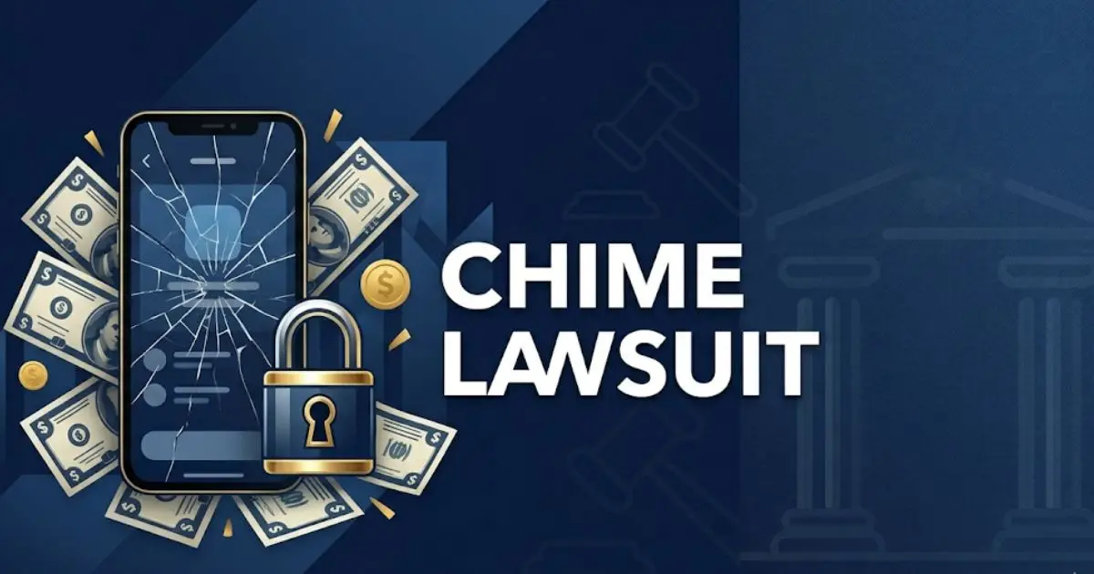 Chime lawsuit hero banner with frozen account and legal symbols on navy background