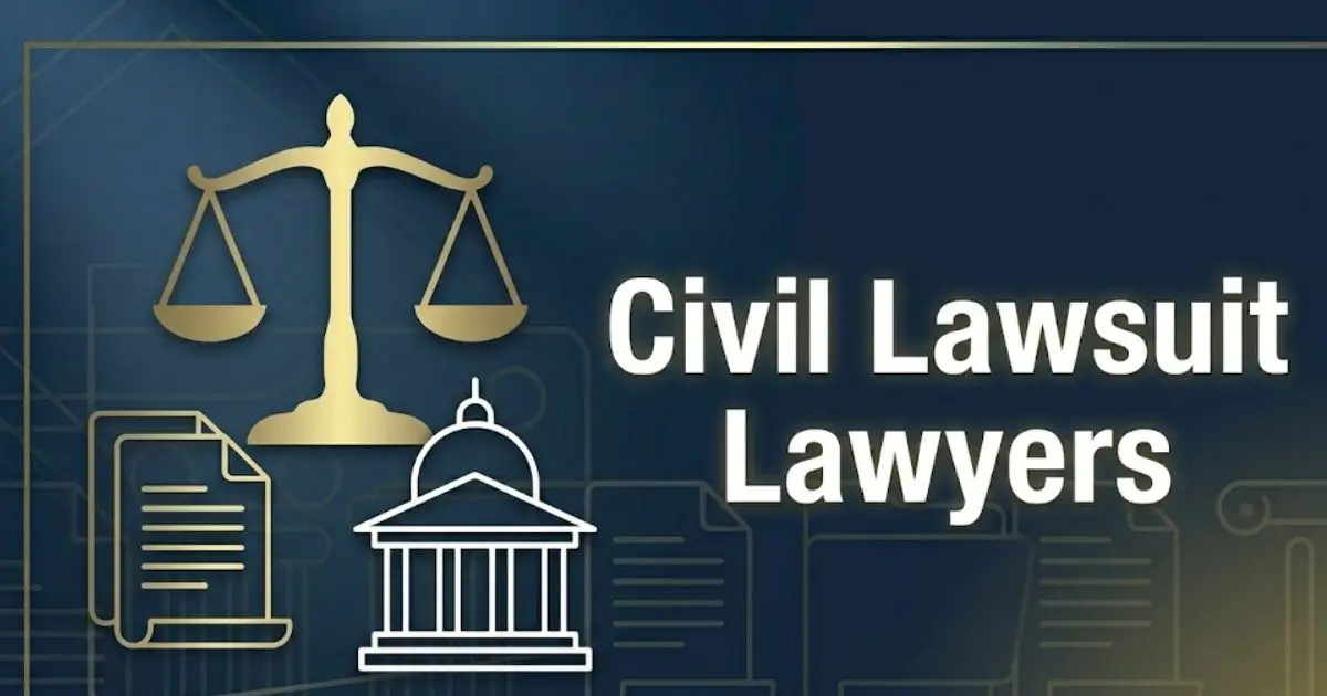 Civil lawsuit lawyers guide banner with scales of justice and courthouse icons in navy and gold design