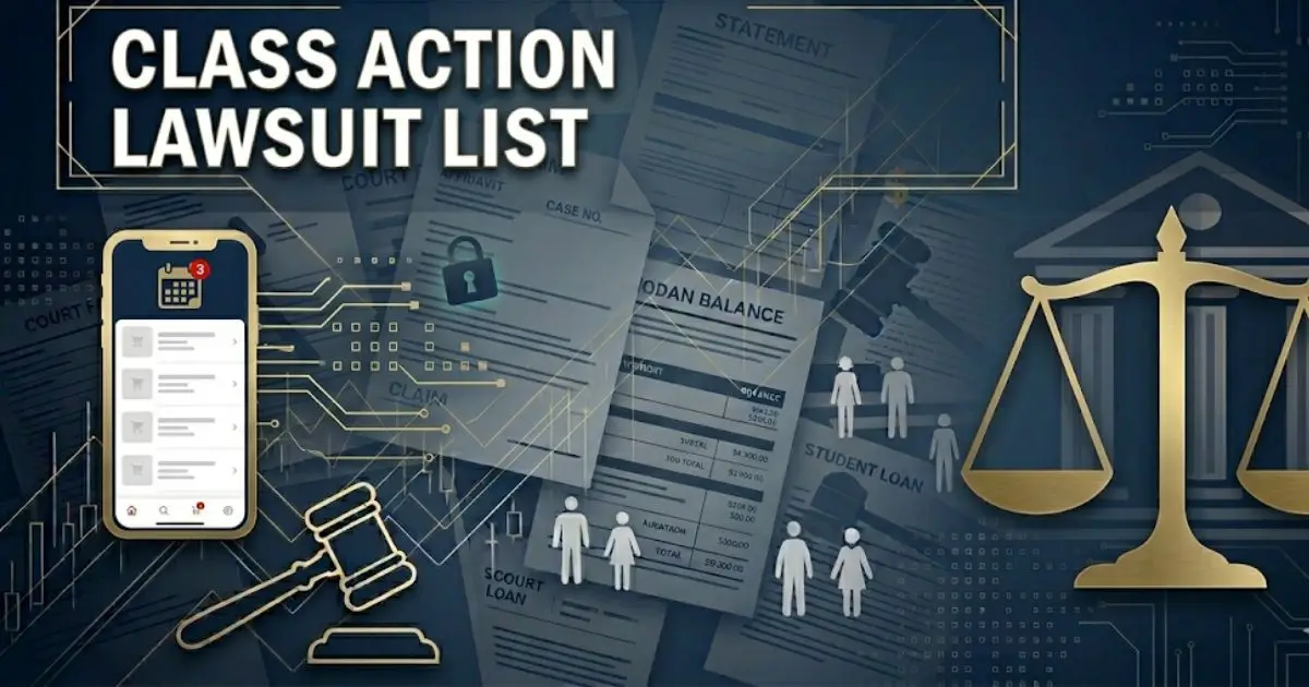 Class Action Lawsuit List headline banner with legal scales and gavel icons on navy blue background