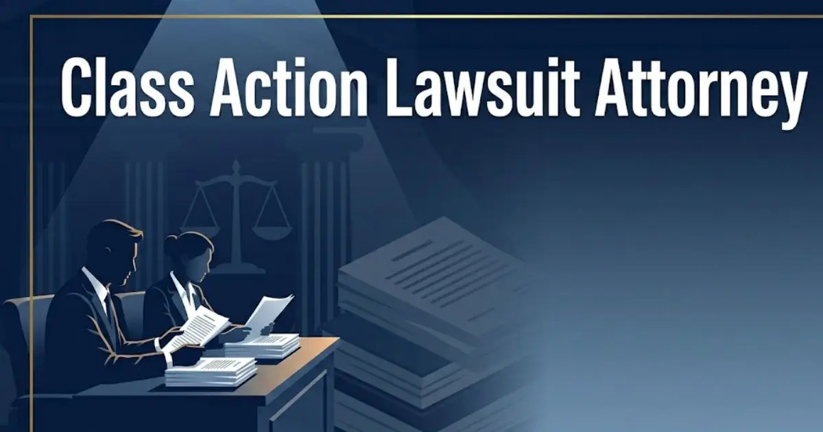 Class action lawsuit attorney guide banner with legal scales and courthouse imagery