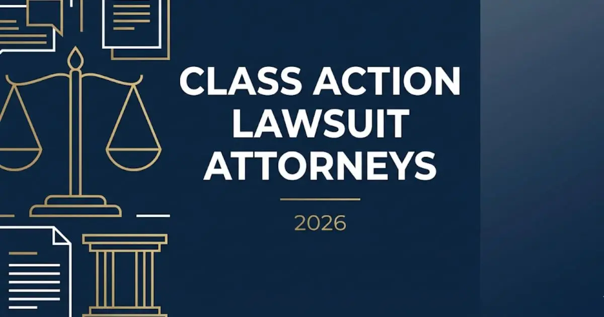 Class action lawsuit attorneys guide banner with legal scales and courthouse symbols for 2026