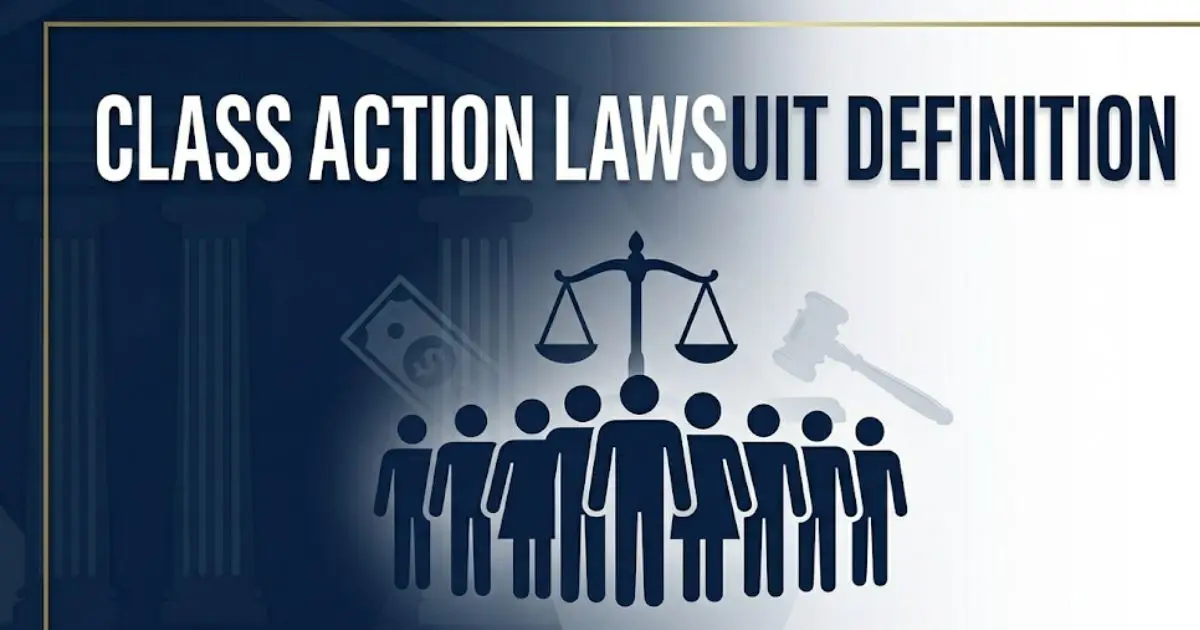 Class action lawsuit definition banner showing unified silhouettes with legal symbols and scales of justice INPUT MAIN KEYWORD {{class action lawsuit definition}} CLUSTER KEYWORDS {{paste cl