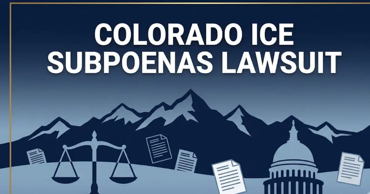 Colorado ICE subpoenas lawsuit banner with legal scales and state imagery