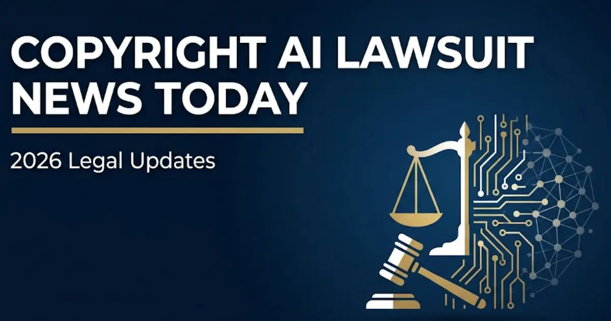 Copyright AI lawsuit news today 2026 legal banner with scales of justice and AI circuit symbols on navy background