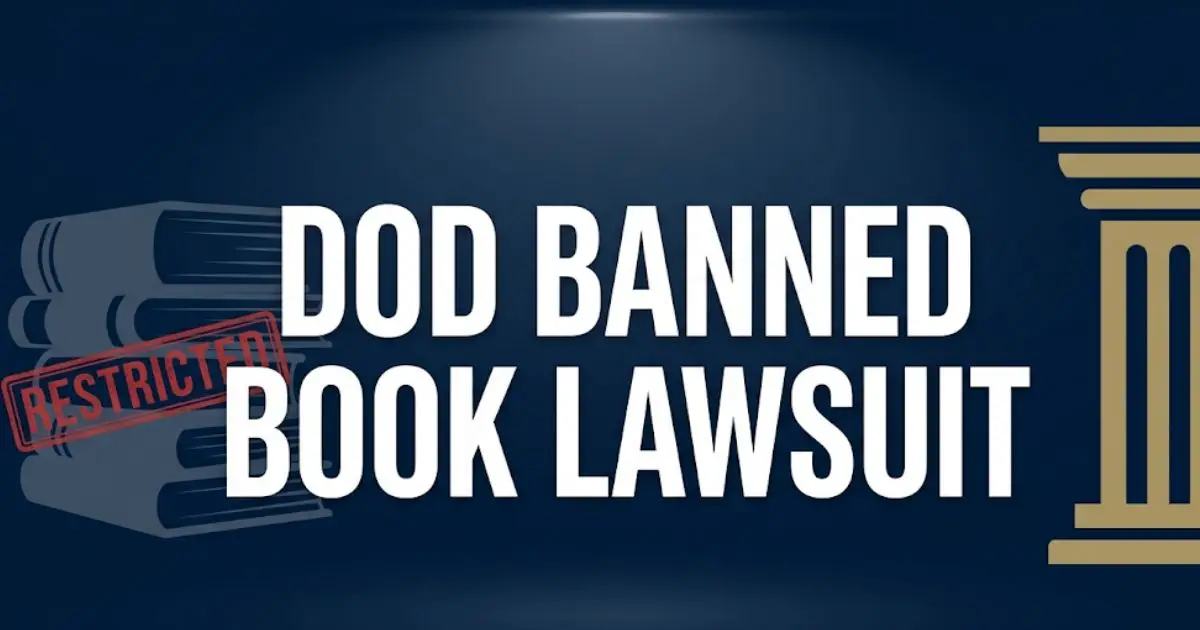 DOD banned book lawsuit banner showing stacked books with restricted stamp and federal courthouse columns on navy background