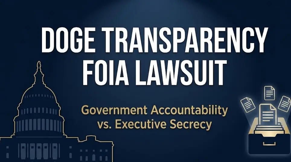 DOGE transparency FOIA lawsuit banner showing Capitol silhouette and open records imagery on navy background
