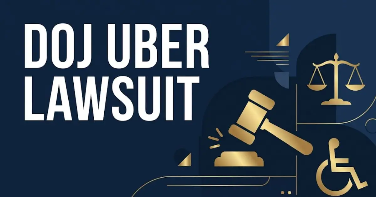 DOJ Uber Lawsuit legal banner with accessibility symbol and scales of justice on navy background INPUT MAIN KEYWORD {{doj uber lawsuit}} CLUSTER KEYWORDS {{paste cluster keywords, separated