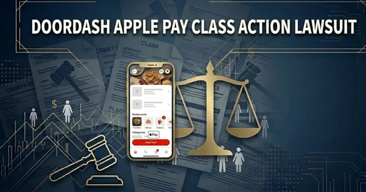 DoorDash Apple Pay class action lawsuit banner with smartphone, Apple Pay logo, and gavel icon