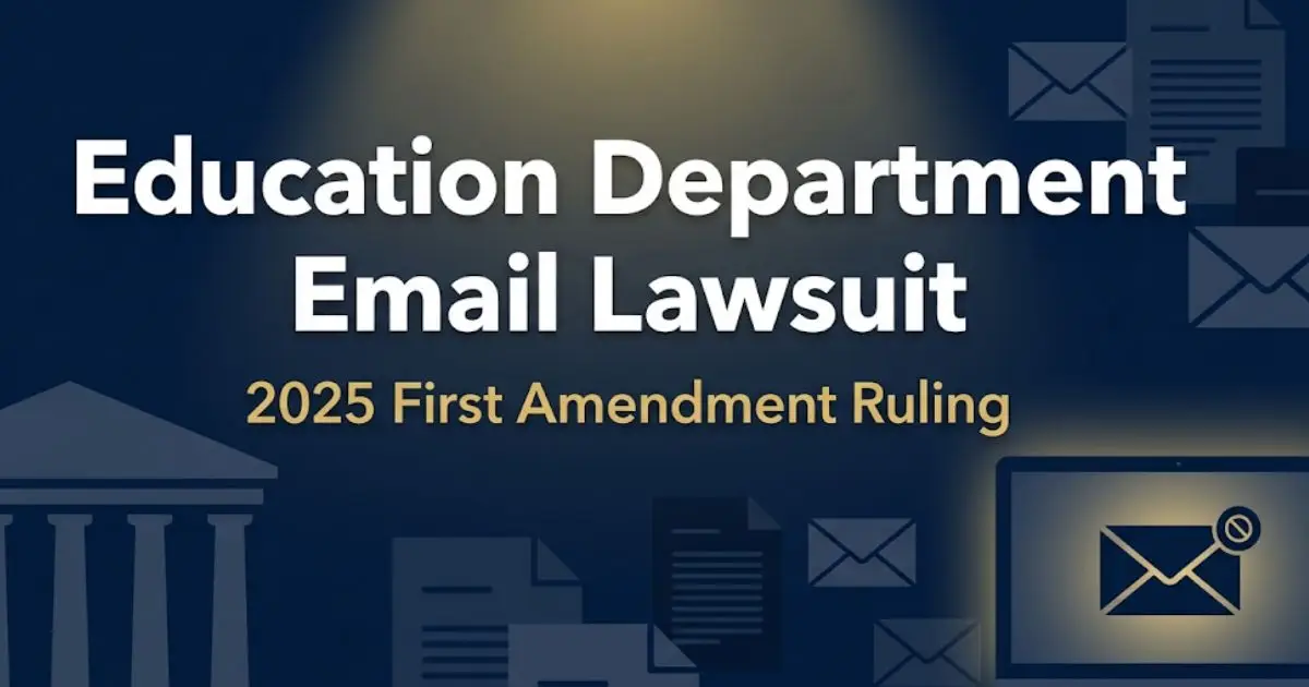 Education department email lawsuit 2025 hero banner with courthouse silhouette and email icon on navy background
