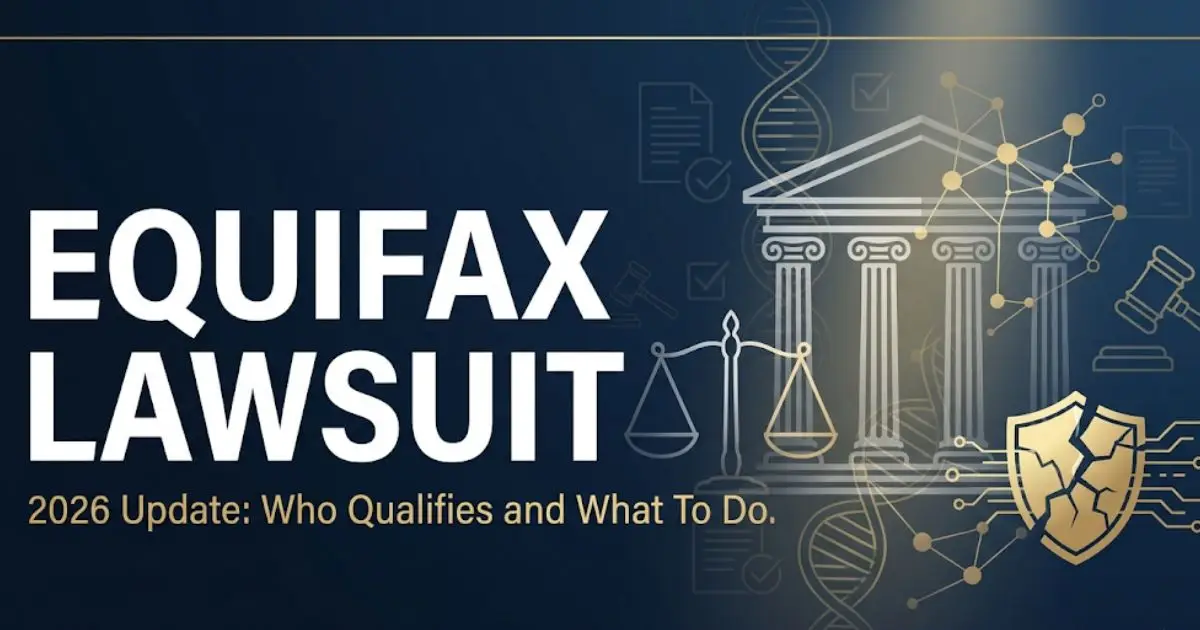 Equifax Lawsuit 2026 hero banner with navy background, bold white headline text, and broken shield legal graphic