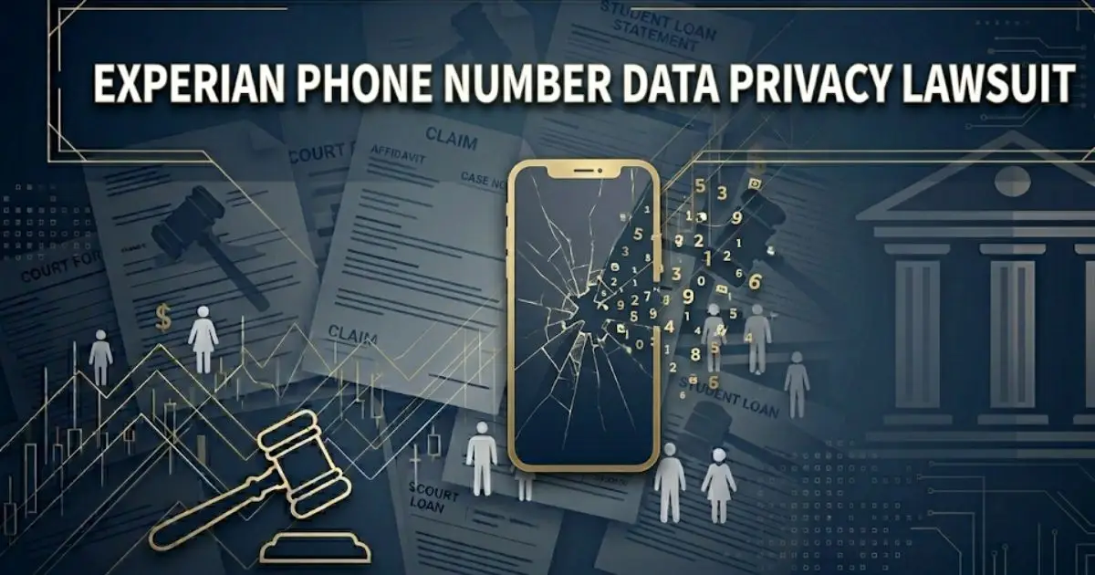 Experian phone number data privacy lawsuit banner with smartphone and legal scales imagery