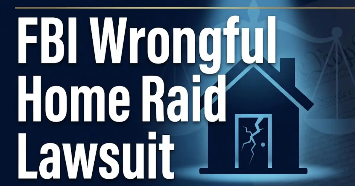 FBI wrongful home raid lawsuit banner showing a silhouette house with broken door, scale of justice, and bold headline text
