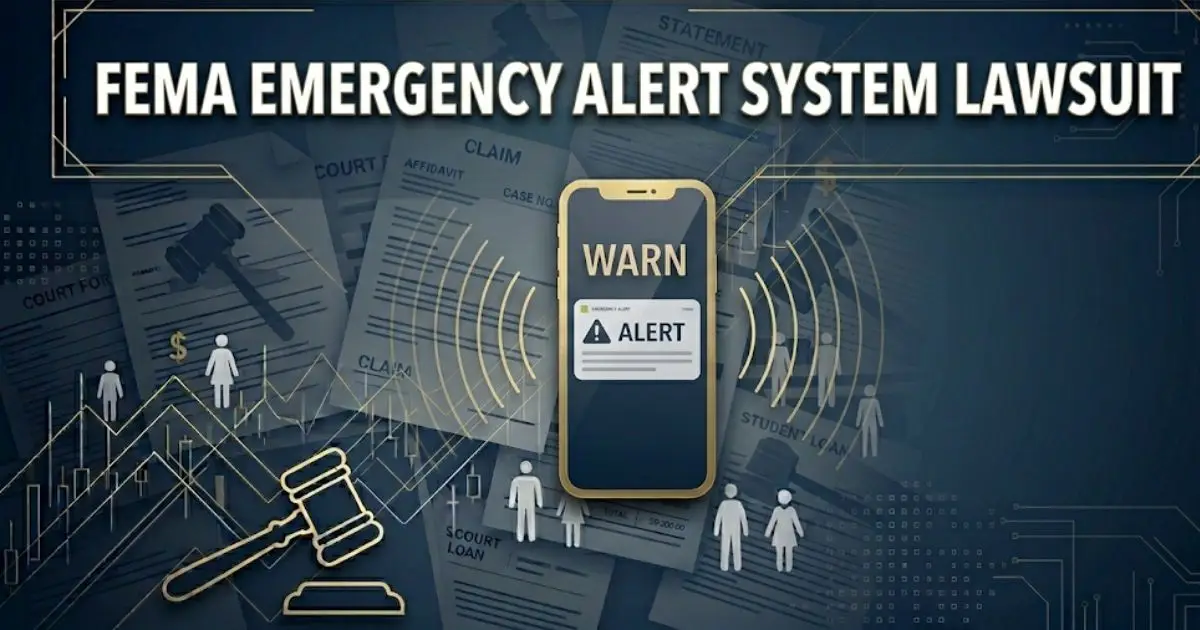 FEMA emergency alert system lawsuit infographic showing phone alert and legal symbols