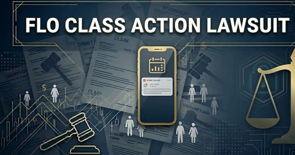 Flo class action lawsuit blog banner with smartphone silhouette and legal symbols on navy background
