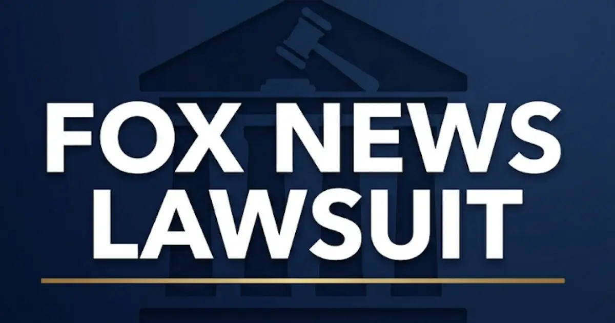 Fox News lawsuit banner showing courthouse silhouette and bold headline text on navy background with gold accents