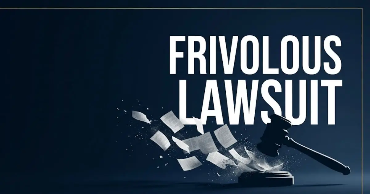 Frivolous lawsuit legal guide banner with gavel and scattered papers on navy background