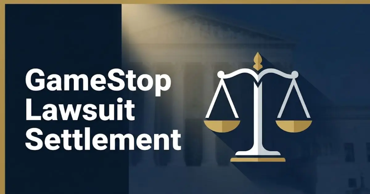 Gamestop lawsuit settlement blog banner with gold scales of justice icon and bold white headline on navy background