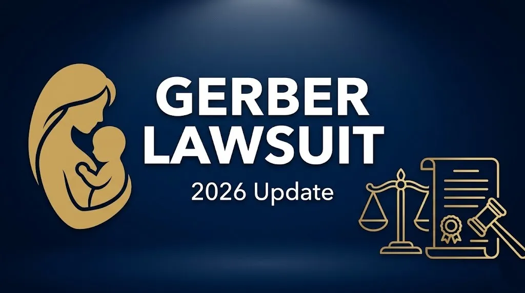 Gerber lawsuit 2026 update blog banner with scales of justice, parent silhouette, and bold headline text on navy background.