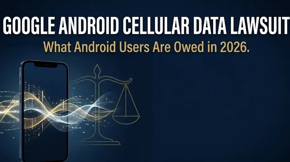 Google Android cellular data lawsuit banner showing smartphone silhouette and scales of justice on navy background