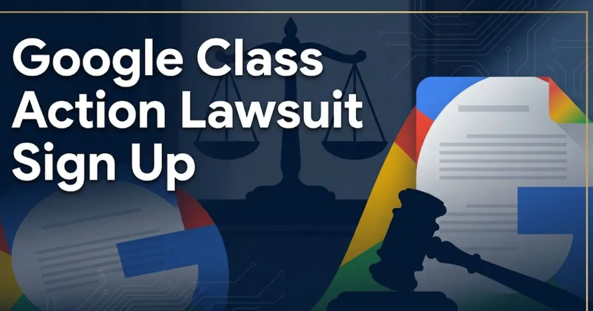 Google class action lawsuit sign up guide banner with legal scales and gavel imagery