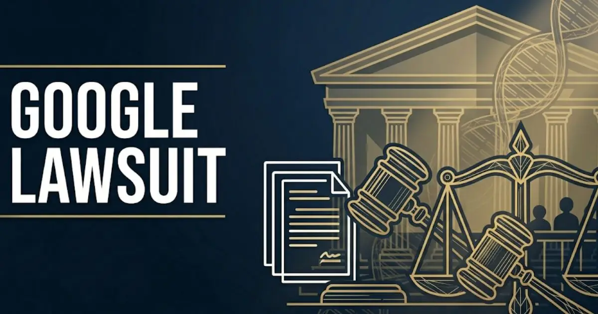 Google lawsuit 2026 banner showing legal scales and gavel icons on navy background with bold title text