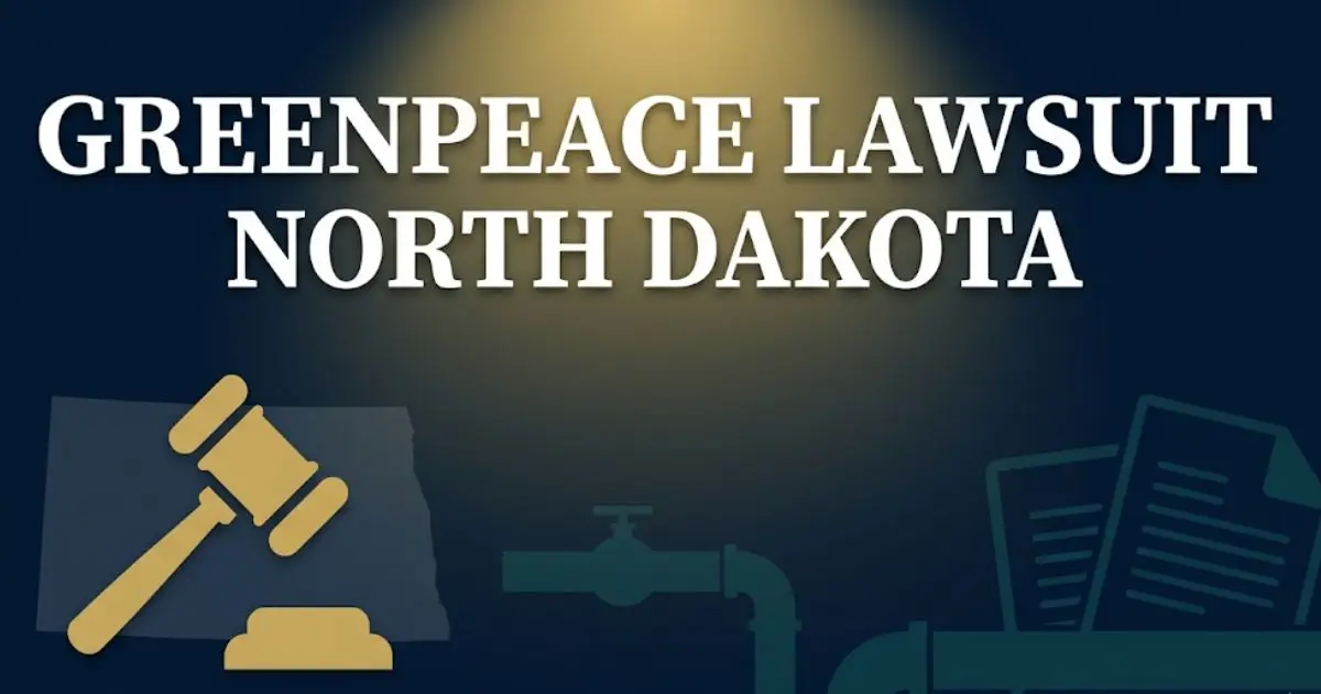 Greenpeace lawsuit North Dakota 2025 verdict explained, legal banner showing gavel and pipeline silhouette