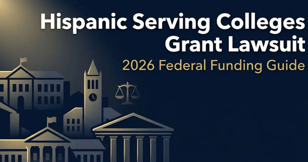 Hero banner for the Hispanic serving colleges grant lawsuit article showing courthouse silhouette and legal scales on navy background