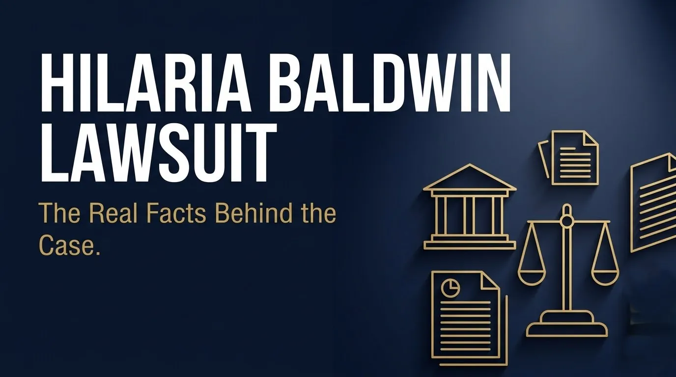 Hilaria Baldwin lawsuit guide banner with legal scales and courthouse icons in gold on deep navy background with large white headline text.