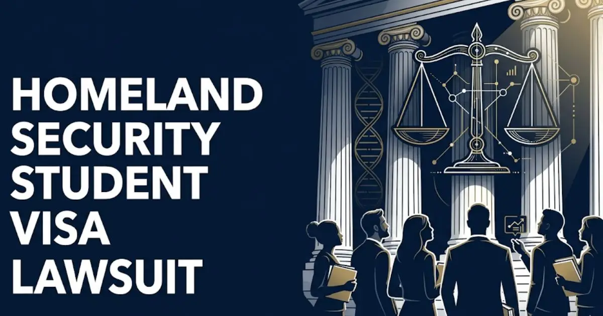 Homeland security student visa lawsuit 2025 legal guide banner showing courthouse silhouettes and federal law imagery